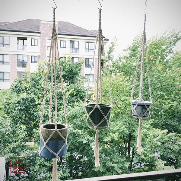3-pack macramé krukväxthängare och 3 krokar för inomhus- och utomhusbruk