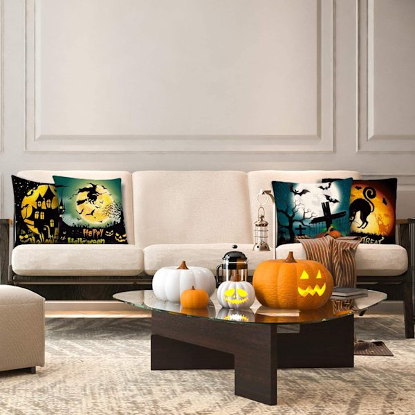 Set med 4 Halloween-kuddfodral, linnekuddfodral för sängdekor, 18x18 tum