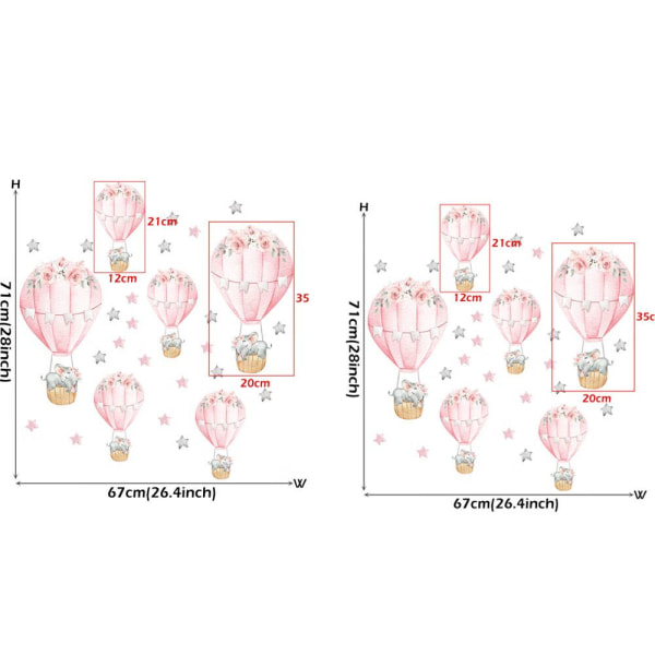 Tvådelad varmluftsballong väggdekal (rosa), sovande elefant, varmluftsballong väggdekaler - perfekt för ett barnrum, lekrum eller plantskola