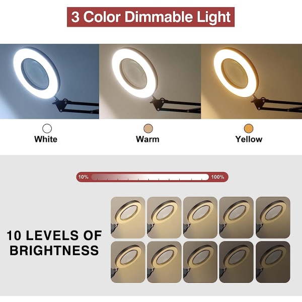 LED-forstørrelseslampe med klemme, dimbar 3 farger 5 dioptri opplyste forstørrelseslamper, justerbar svingarmslampe for bord eller verksted