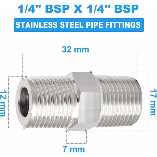 10 stk. rustfrit stål 304 sekskantnippel, 1/4\" han til 1/4\" han BSP rørfittings KLB