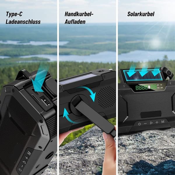 Nødradio Sprutsikker Bluetooth-høyttaler Bærbar AM/FM Solar Crank
