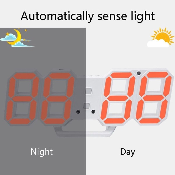 6609 3D Stereo LED-väckarklocka Vardagsrum 3D Väggklocka Svart Ram Rött Ljus