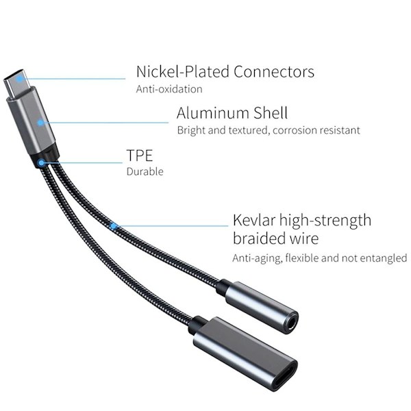 USB-C til 3,5 mm hovedtelefon- og opladeradapter, 2 i 1 USB-C grå