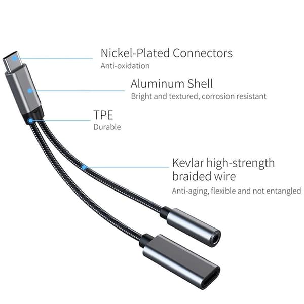 USB-C till 3,5 mm hörlurs- och laddningsadapter, 2 i 1 USB-C grå