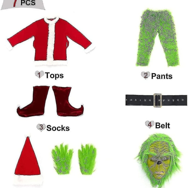 st. Cosplay Kostym ChristmasGrinch Outfit Festdräkt med Mask KLB