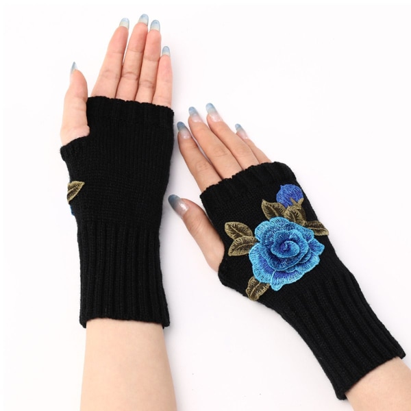 Vinter Fingerless Handskar Half Finger Glove Black + Blue Flower KLB