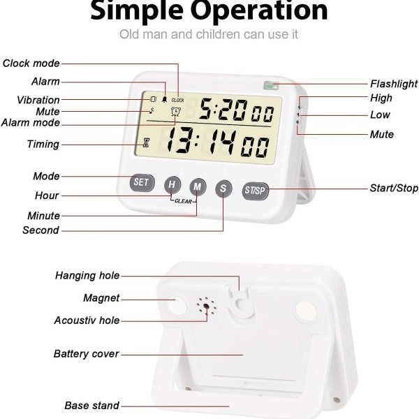 Digital køkkenur, 24-timers ur, daglig alarm, køkkenur med stort LCD-display