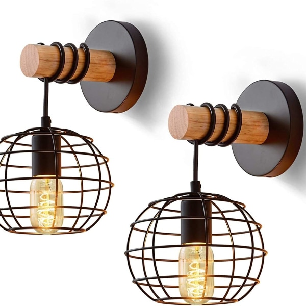 Pakke med 2 industrielle runde indendørs væglamper lavet af metal og træ, vintage E27 burvæg