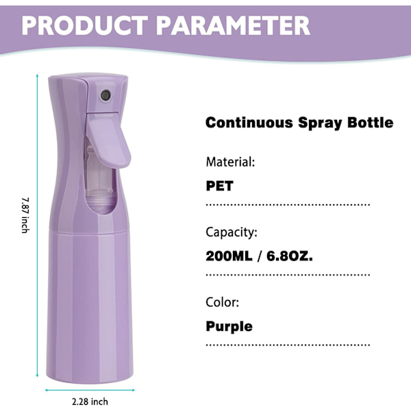 200 ml kontinuerlig sprayflaska (lila 2-pack), hårsprayflaska, fin dimsprayflaska för salonger, frisörer, växter, hudvård, rengöring