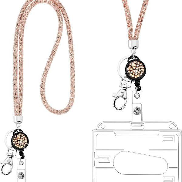 Krystall lanyard halskjede med uttrekkbar ID-kortholder og nøkkelring, KLB
