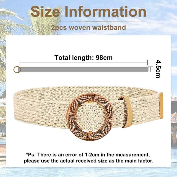 2-pack flätade halmbälten med stretchig midja för kvinnor, elastiska, vita + khaki