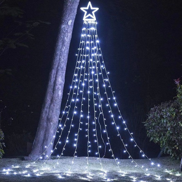 350 LED juletre lys krans med stjerne, 9*3,5 m hvit juletre lys gardin, utendørs og innendørs julepynt