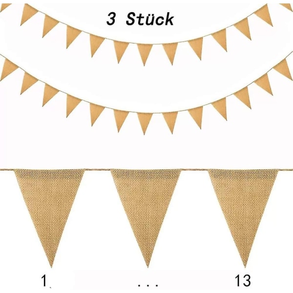 3 st vimplar vimpel, hamprep triangel dekoration flaggor set 13x17cm