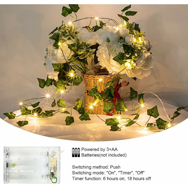 Kunstig grønne blade Ivy Vine med 100 LED-lys, 10m forårs plantedekoration til væg bryllupsfest havefestival KLB