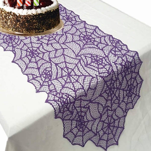 Halloween stickad spets spindelnät mönster dekoration använd bord flagga (lila, 72*13 tum)