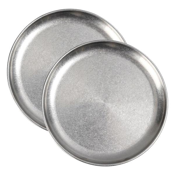 Sæt med rustfrit stål tallerkener med 2 middagstallerkener i metal til snacks, sølv