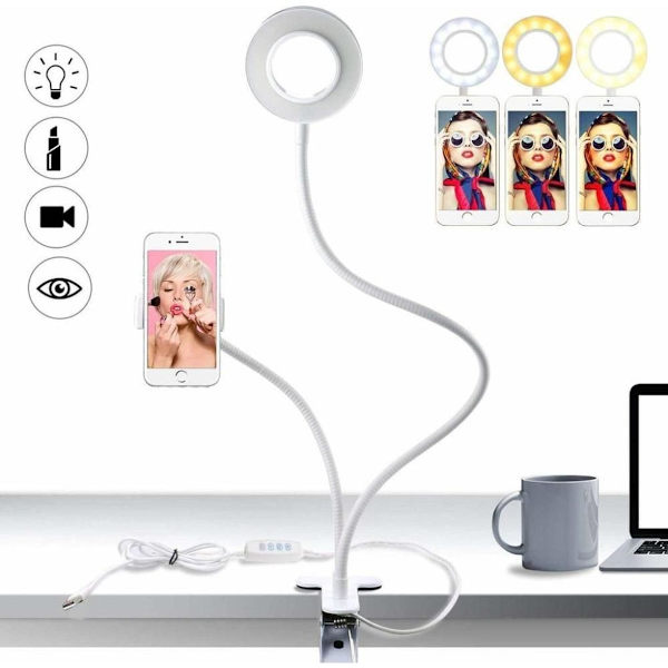 Led selfie lys med mobilholder, 3 lystilstande og 10 lysstyrkeniveauer LED KLB