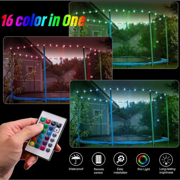 LED trampolinlys, fjernbetjent LED-lys til trampolin, 16 farveskiftende