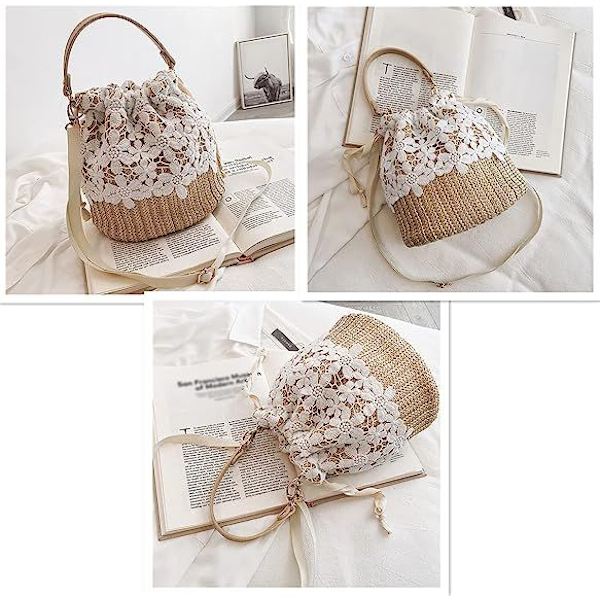 Blommor Halm Väska Crossbody Väska Korg Väska Kvinnor Flickor Dragsko Spets Vävd Handväska Sommar Rotting Strandväska Boho Semester Hink