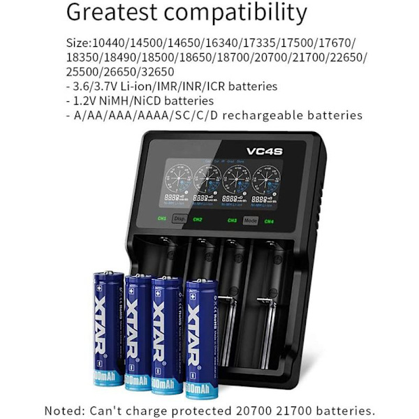 VC4S USB-laddare 4 platser snabbladdare för 3,6V/3,7V Li-ion 18650