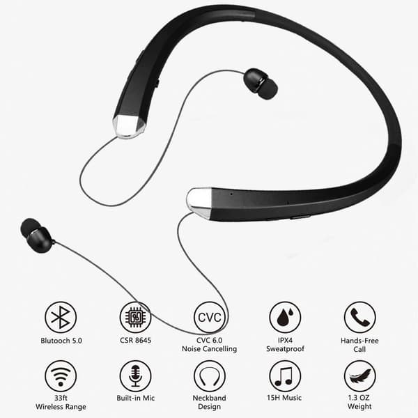 Bluetooth-hörlurar, trådlöst nackbandshörlurar med svart