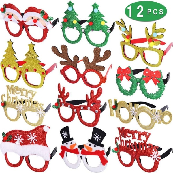 Festglas sjove briller, pakke med 12 glitter julebriller stel nyhed KLB