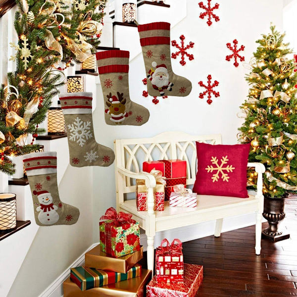 Ny julstrumpa jute set 4 delar broderad linne KLB