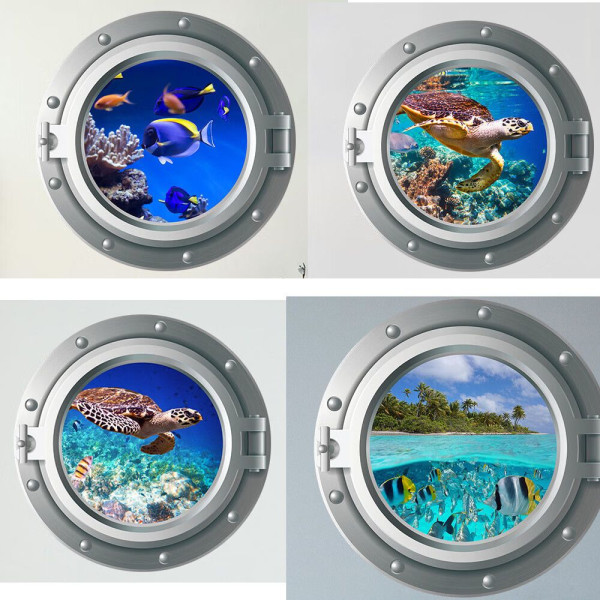 Fyra delar set 3D Sea Life Fish Väggdekaler för badrum, Undervattenshajväggkonst för barnrum, Dolphin Ocean Wall Dekoration