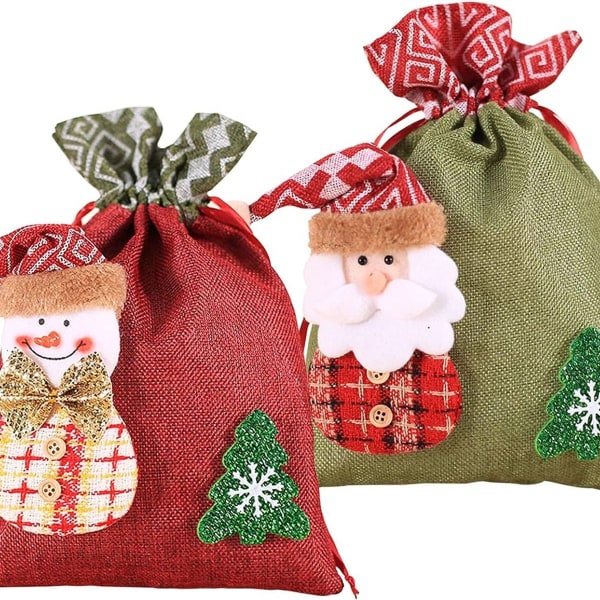 Pakke med 2 gaveposer med snoretræk med julemands- og snemandsdesign