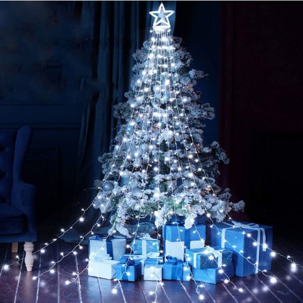 350 LED joulukuusen valoseppele tähdellä, 9 * 3,5 m valkoinen joulukuusen valoverho, ulko- ja sisä joulukoristeet