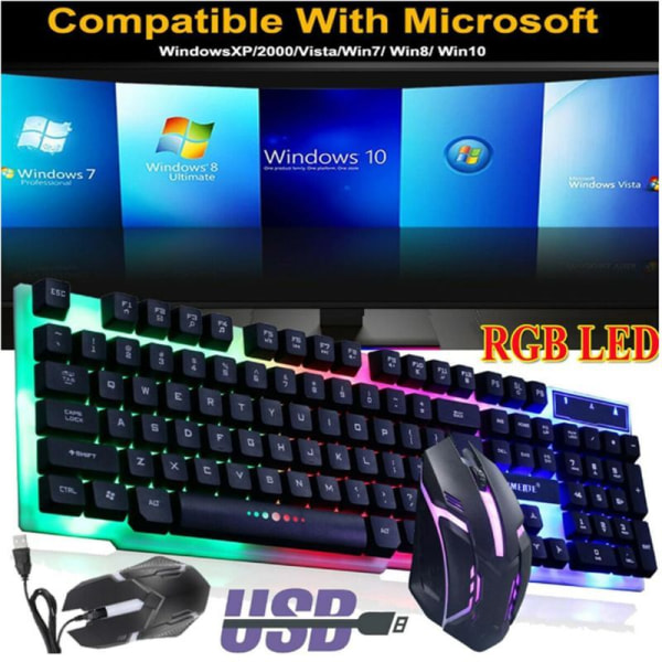 Gaming tastatur og mus sæt, LED baggrundsbelysning layout, regnbue