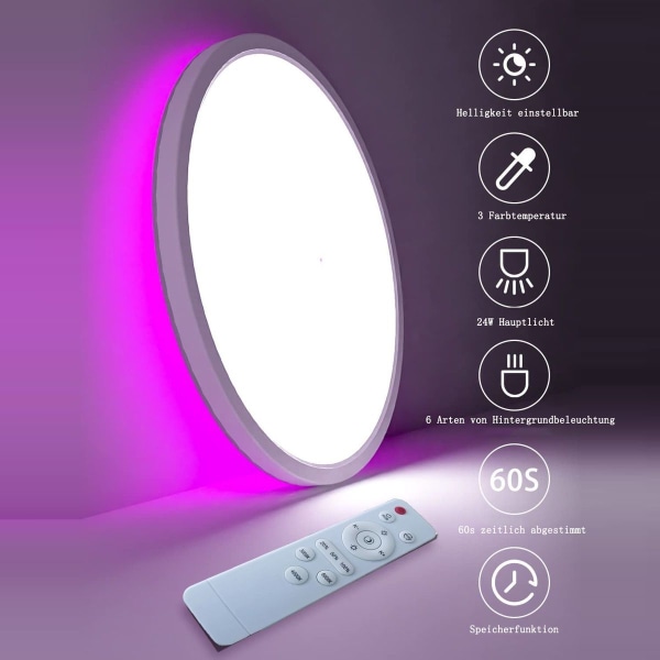 RGB LED-taklampe, 24 W taklampe dimbar med fjernkontroll, 3000 K KLB