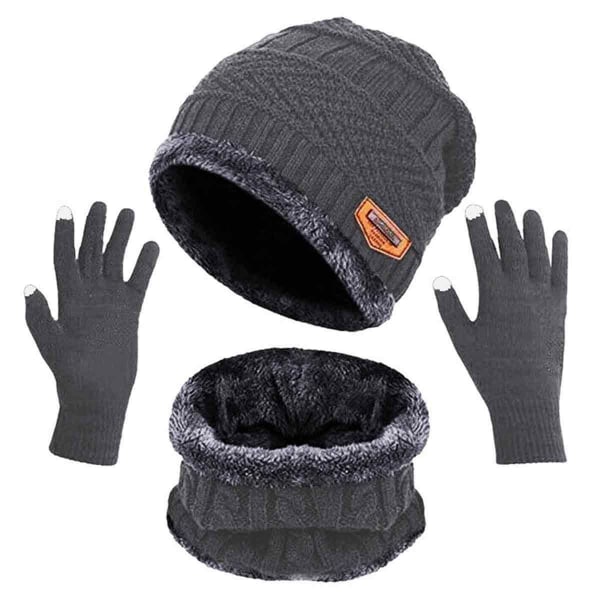 Vinterstrikket dødningehue, varmt halstørklæde og touchscreen-handsker i grå