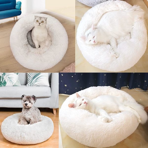(40CM,Hvid) Katte- og hundeseng, rund seng til katte og hunde, blød plysdyrs pude, donut-seng til katte og små hunde, Mo-