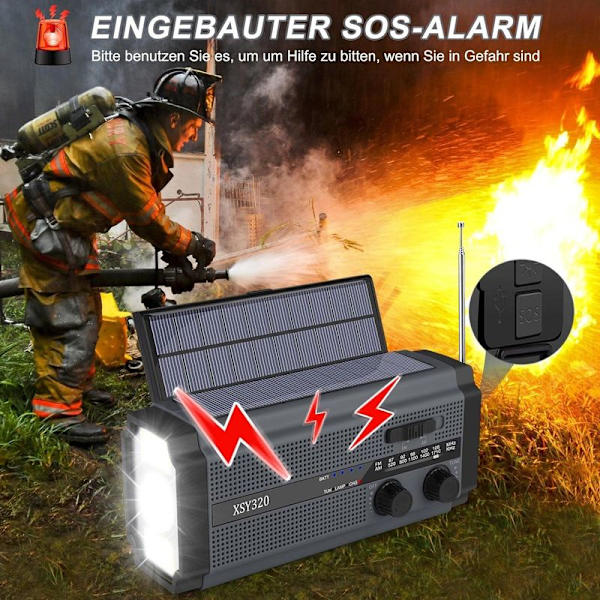 Solcelledrevet radio, AM/FM håndsvingradio, bærbar nødradio med 5000 mAh