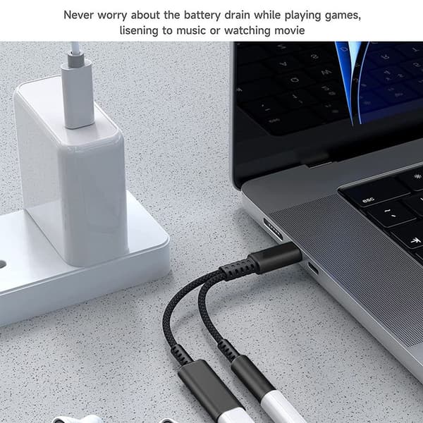 USB C til 3,5 mm hodetelefon- og ladeadapter, 2 i 1 USB C svart