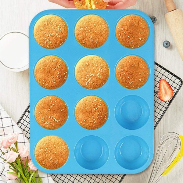 Silikonmuffinsform, non-stick beläggning, 12-koppars muffinsform, jumbo muffins blå