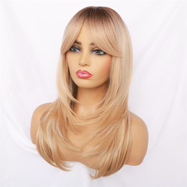 Fluffy lang blond parykk for kvinner med lang lugg