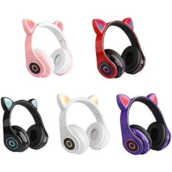 Søte katteøre trådløse hodetelefoner, trådløse 5.0 over-ear hodetelefoner med 7 farger LED-lys sammenleggbar volumkontroll for smarttelefoner, nettbrett, datamaskiner