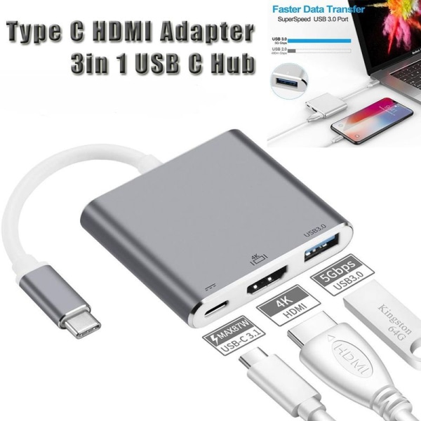 3 i 1 Hub Type C til HDMI USB 3.0 USB-C Adapterkabel