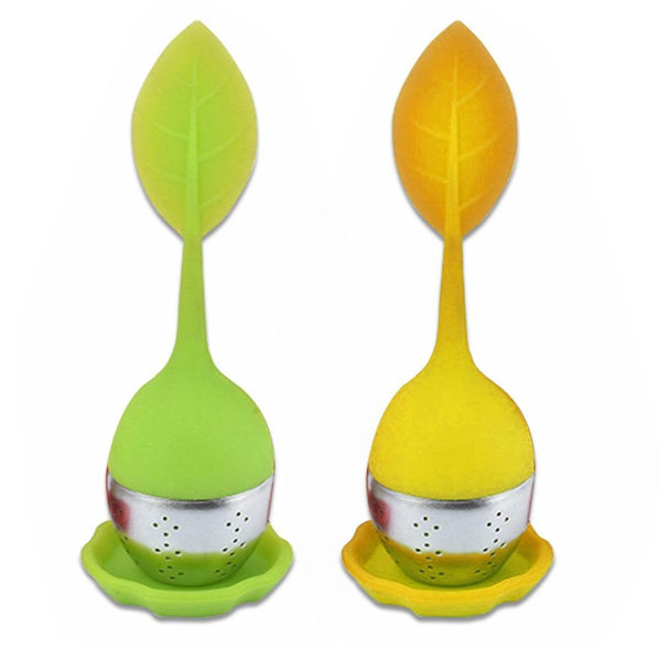 Rustfrit stål te-infuser til løs te, grøn + gul med langt håndtag