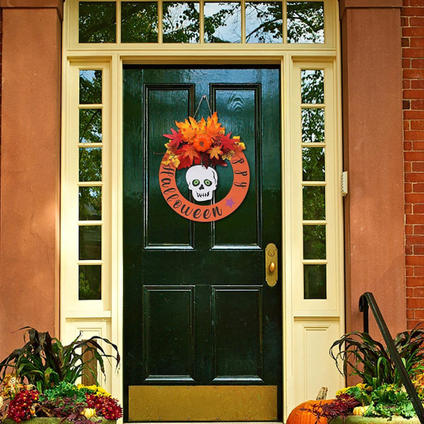 Halloween Door Decor Sadonkorjuukranssi, Ulkoseinän etuoven seppeleet Halloween-koristeet, Syksyn lehdet ja marjat Kotilämpölahjat