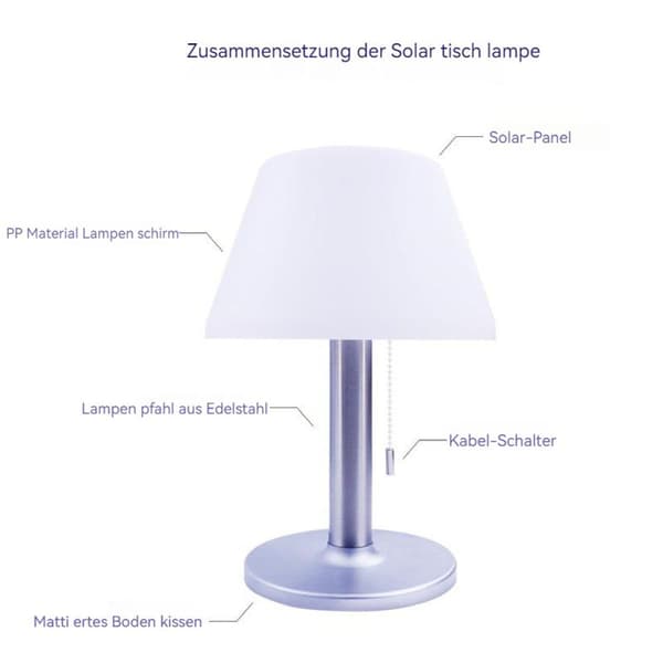 LED solcelle bordlampe utendørs lys dimbar IPX4 rustfritt stål plast KLB