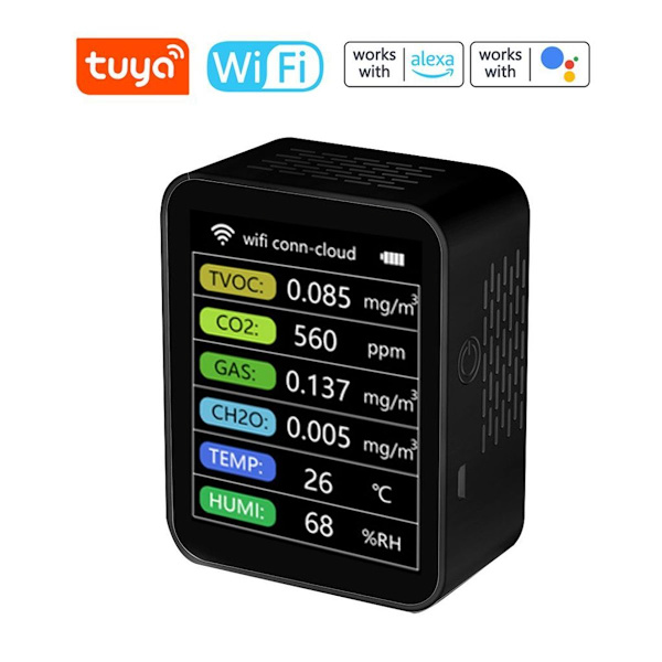Tuya WiFi 6 i 1 CO2-detektor för koldioxid CO2-mätare CH2O TVOC GAS KLB