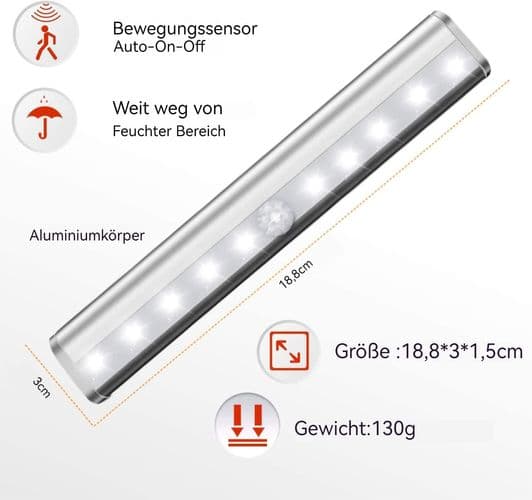 Skabbelys med bevægelsessensor 10 LED USB genopladelig magnetisk