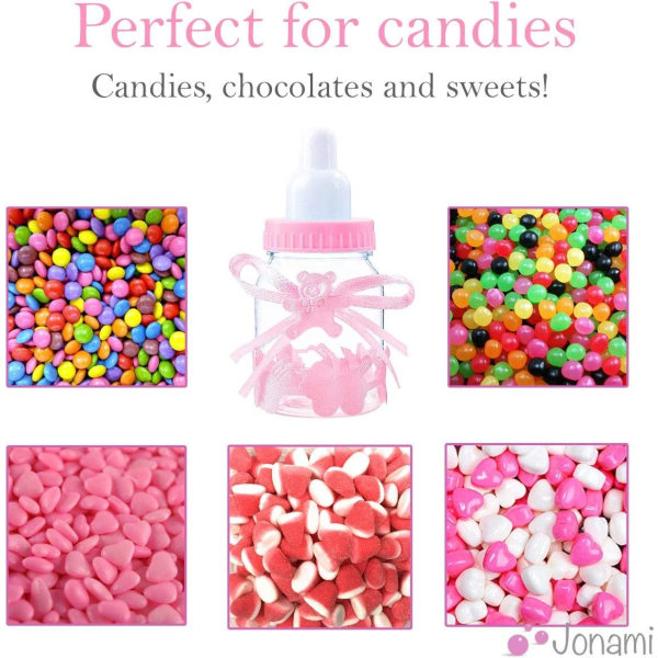 24 Bonbonniere Bottle of Baptism Candy,Baby Girl Baby Shower Deco and Birth Party Decoration.Pink Baby Bottle(4cm*4cm*9cm)-