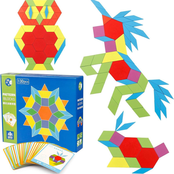 Trä Mönster Block Set 130 Delar Geometriska Manipulativa Färg Form Pussel KLB