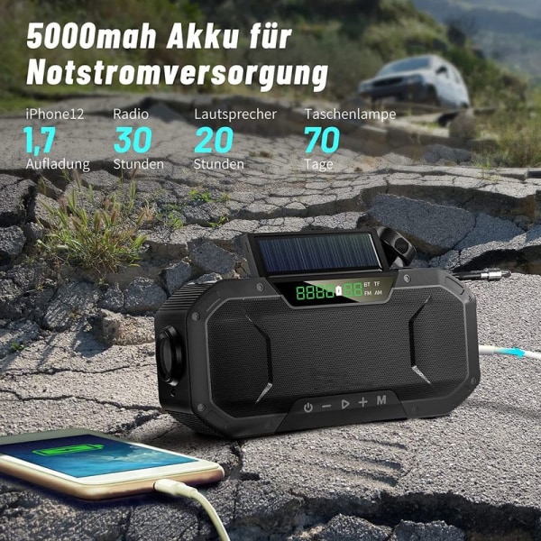 Nødradio sprutsikker Bluetooth-høyttaler Bærbar AM/FM Solar Crank