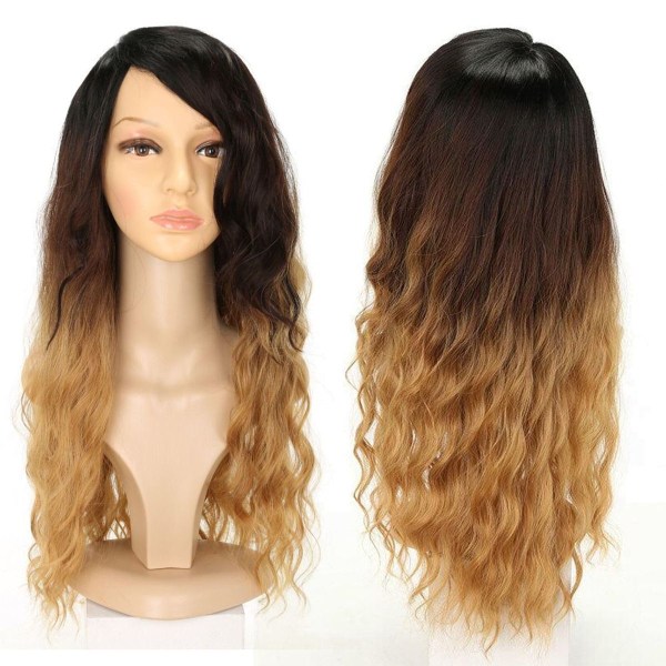 Kvinnors gradient svart och gul lång lockig peruk